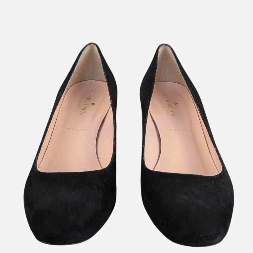 Kate Spade New York Black Suede Block Heel Pump Gold Hardware Size 7.5